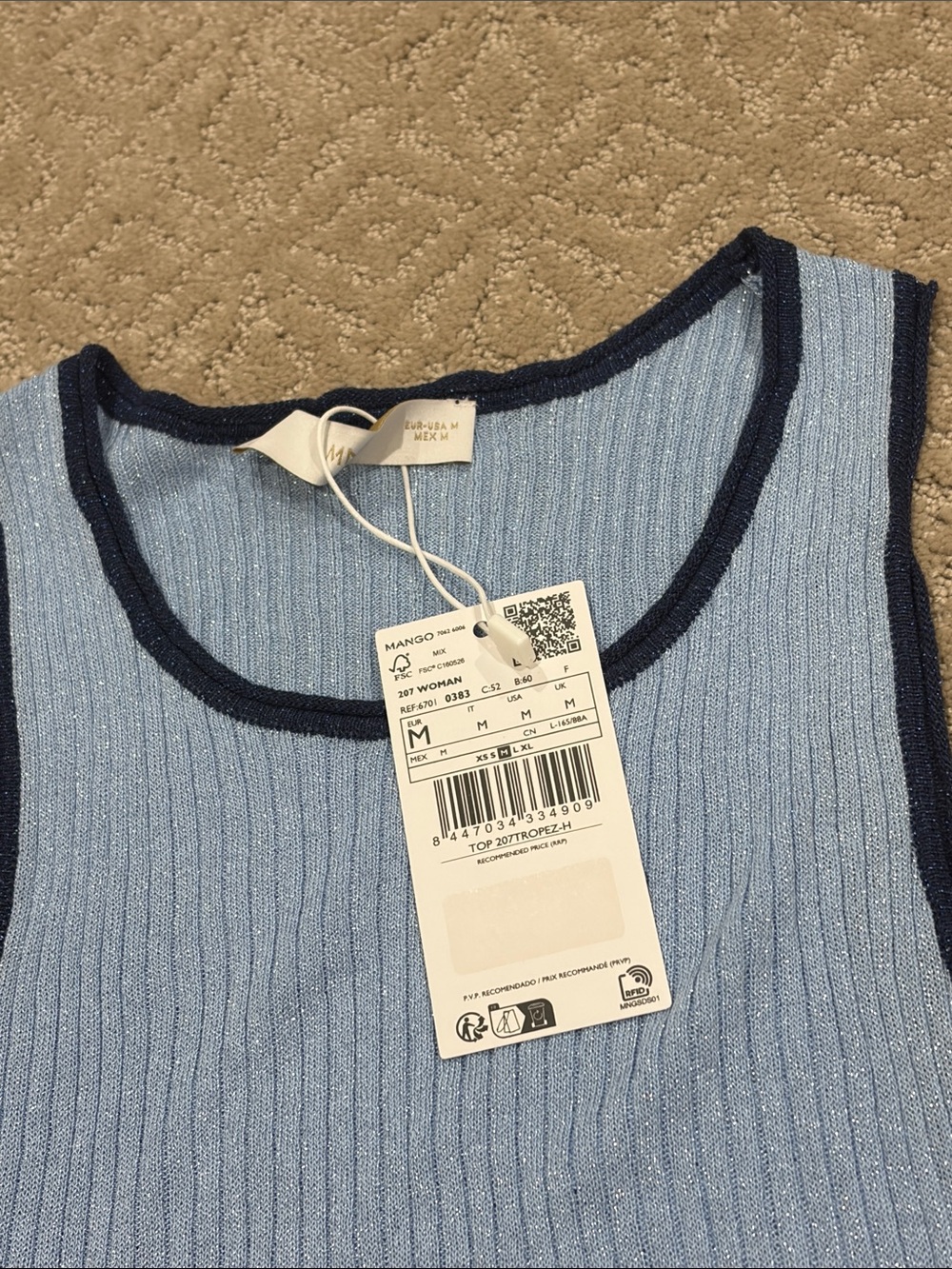Mango Light Blue Ribbed Tank Top with Navy Trim - Picture 2 of 4